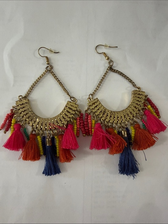 Jewelry - Bohemian Gold Tone Tassel Hoop Earrings with Pink, Orange & Navy